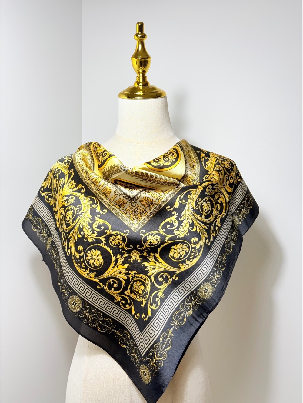 Elegant Black and Gold Baroque Satin Polyester Scarf, 68cm x 68cm, Versatile Sil